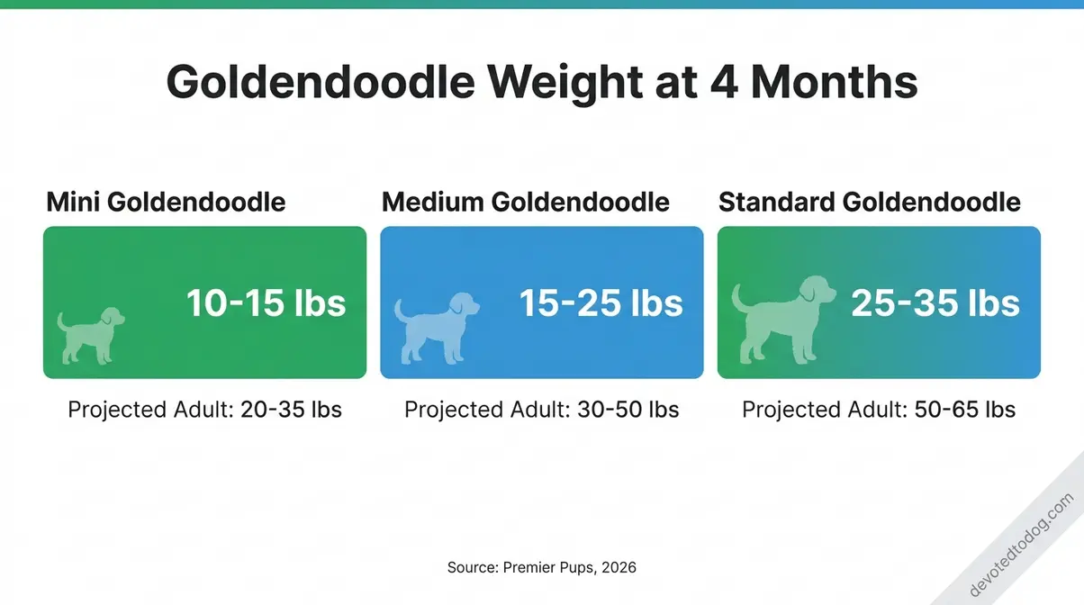 Goldendoodle weight chart at four months showing Mini ten to fifteen pounds, Medium fifteen to twenty-five pounds, Standard twenty-five to thirty-five pounds