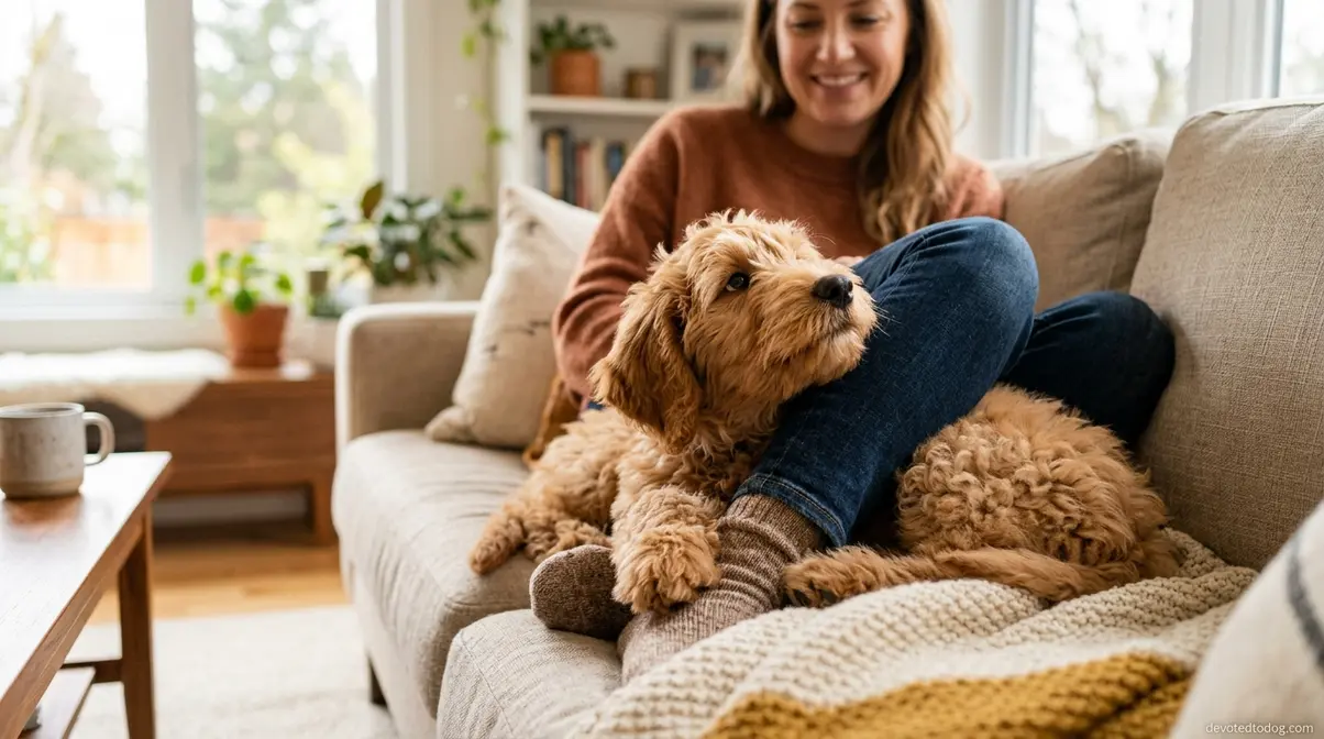 Four-month-old Goldendoodle puppy cuddling with owner on couch showing bonding and favorite person behavior