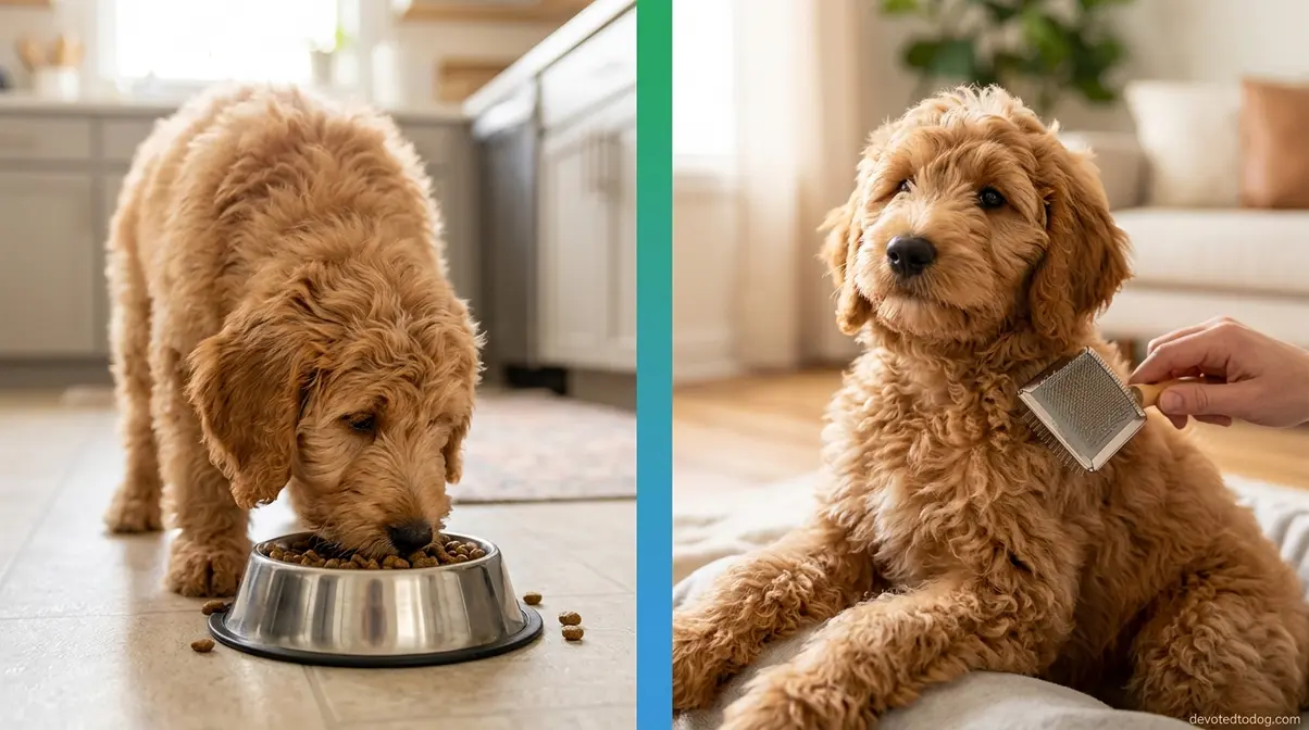 Four-month-old Goldendoodle puppy eating from bowl and being brushed showing daily feeding and grooming routine
