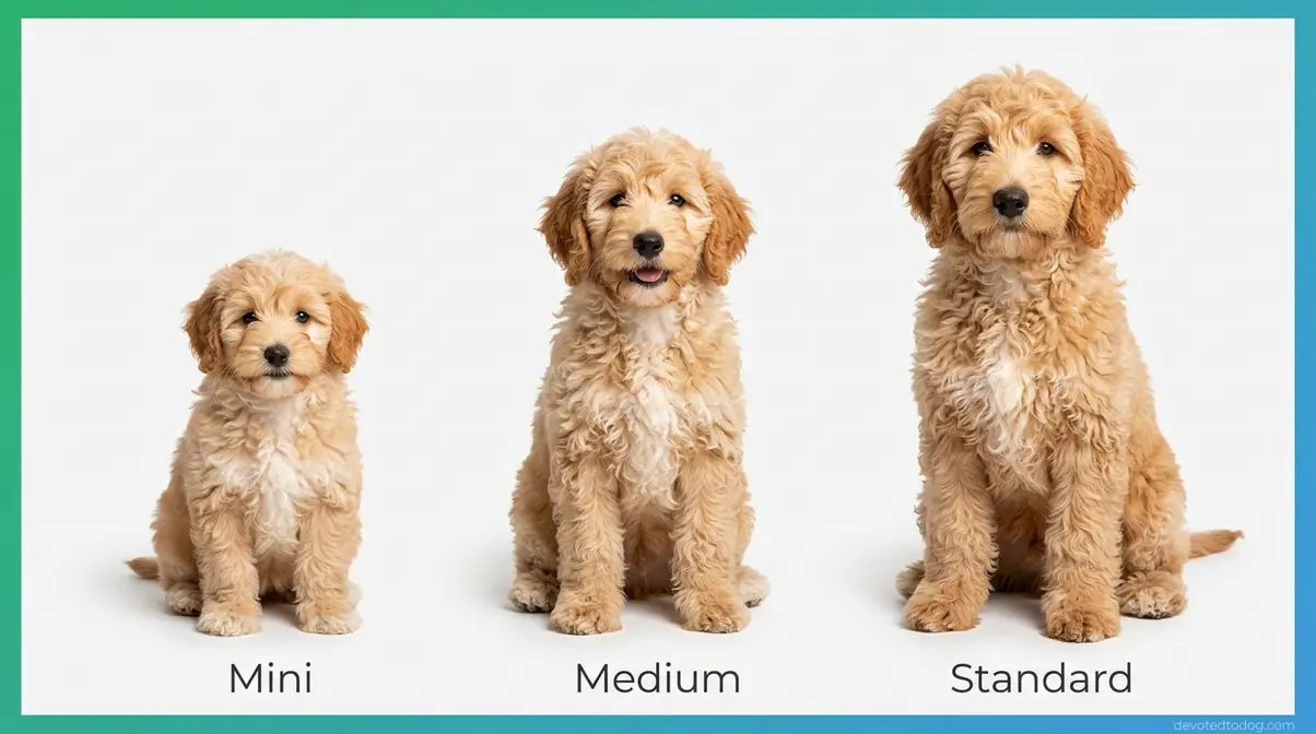 Three Goldendoodle puppies showing Mini, Medium, and Standard size differences at four months old side by side