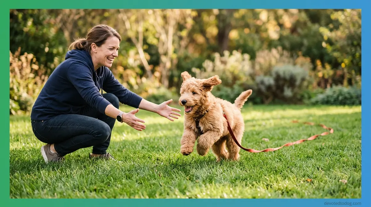 Owner training four-month-old Goldendoodle puppy recall command on long leash in sunny backyard