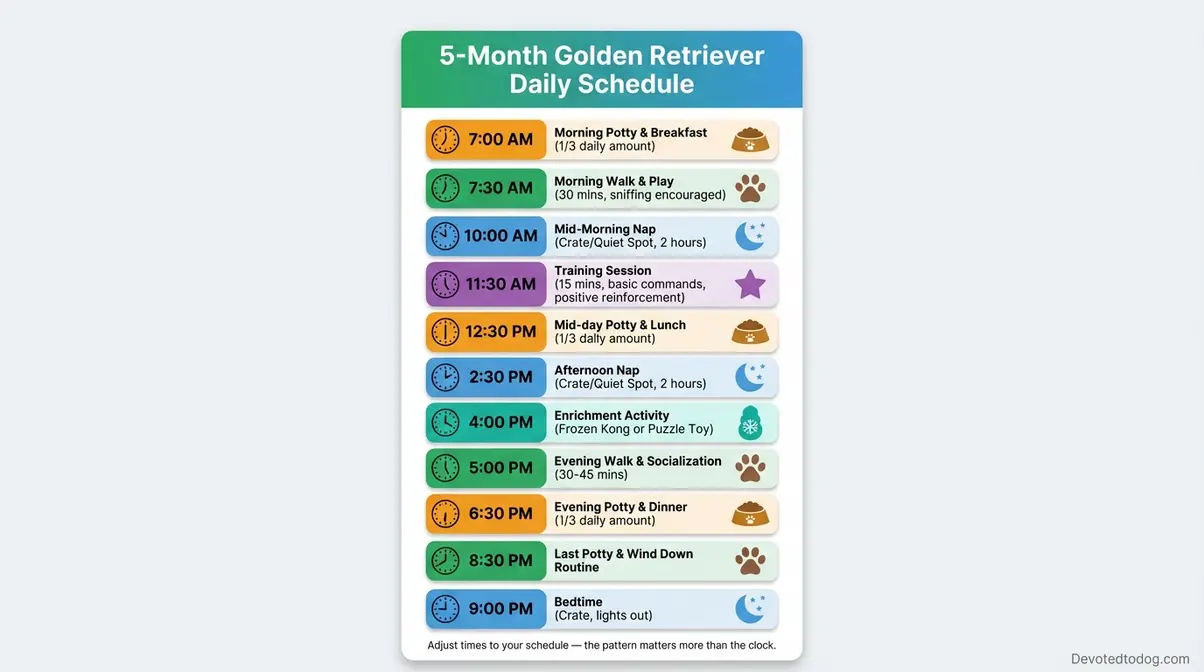 Visual daily schedule infographic for a 5 month old golden retriever with meal times walks naps and training