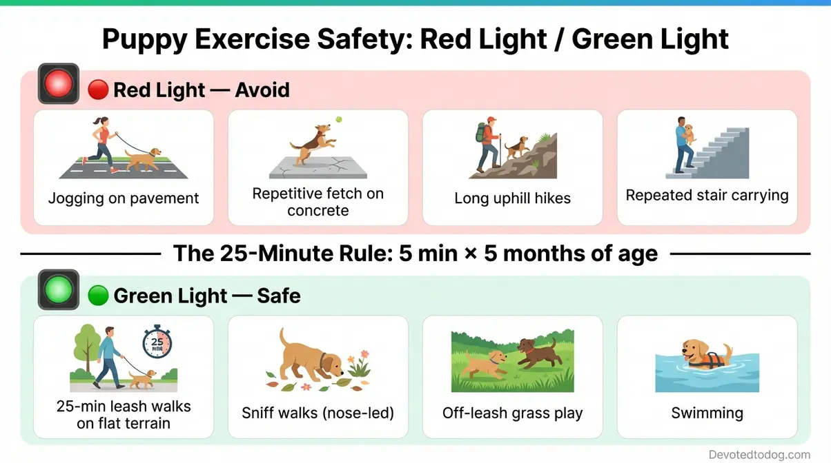 Red light green light exercise safety chart for a 5 month old golden retriever showing safe versus risky activities