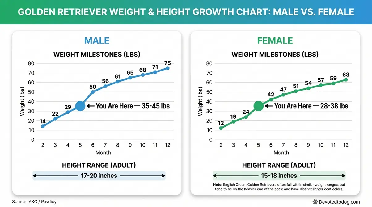 Growth chart showing weight and height ranges for a 5 month old golden retriever split by male and female