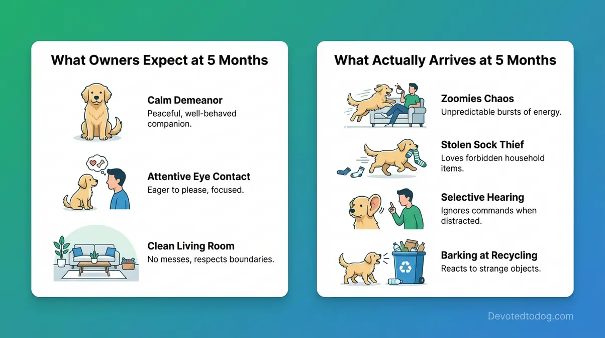 Infographic comparing expected versus actual 5 month old golden retriever teenage phase behaviors