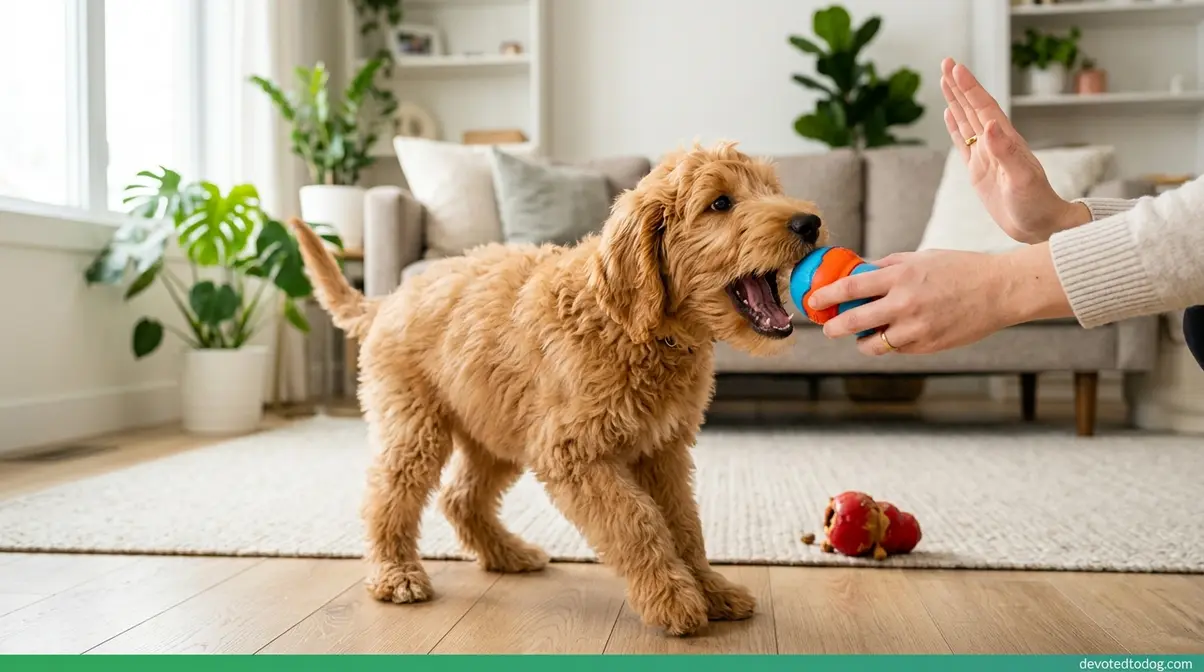 Owner redirecting 5-month-old Goldendoodle puppy biting with chew toy using positive reinforcement technique