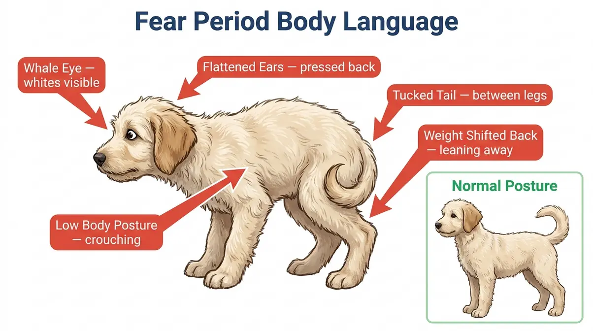 Illustrated diagram of Goldendoodle fear period body language showing whale eye, tucked tail, and flattened ears signals