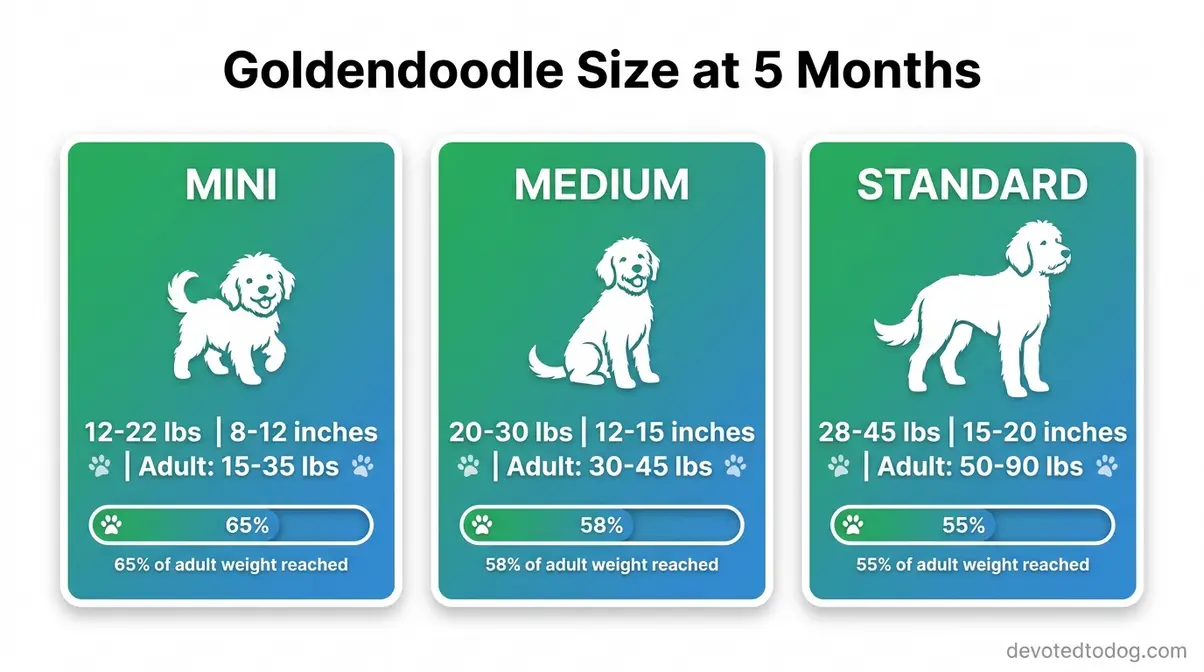 Goldendoodle growth chart comparing Mini 12-22 lbs and Standard 28-45 lbs weight and height at 5 months