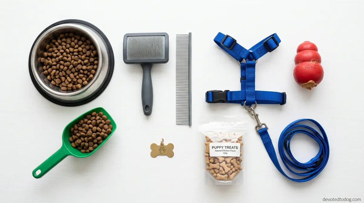 Daily care essentials for 5-month-old Goldendoodle puppy including food bowl, brush, leash, and Kong toy