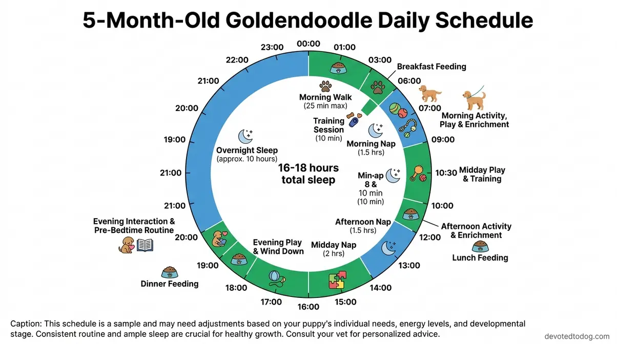 24-hour daily schedule infographic for 5-month-old Goldendoodle puppy showing 16-18 hours of sleep and activity blocks