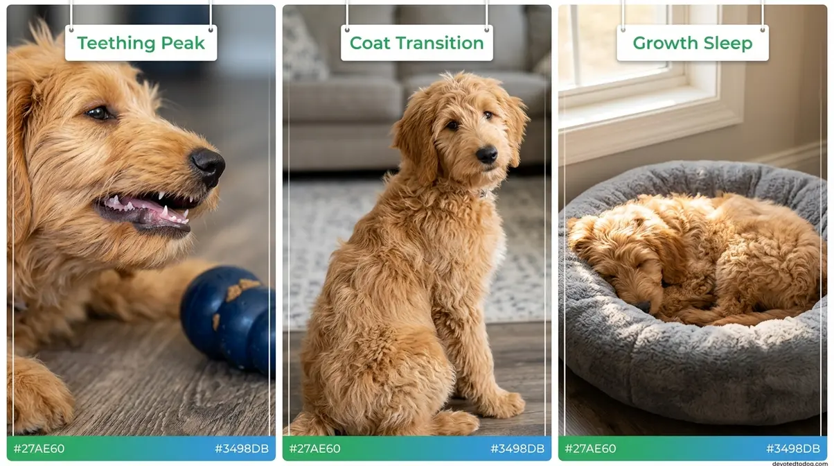Three developmental milestones panel showing 5-month Goldendoodle teething, coat transition, and sleep needs