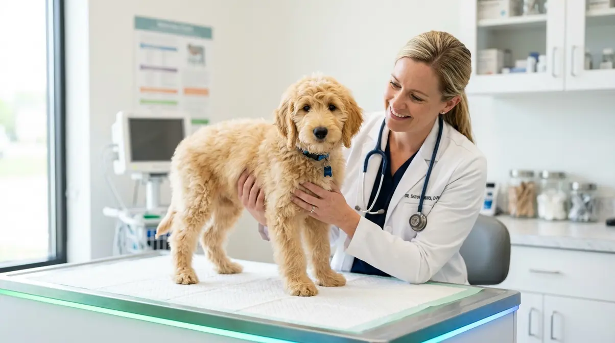 Veterinarian examining 5-month-old Goldendoodle puppy during wellness checkup for growth monitoring