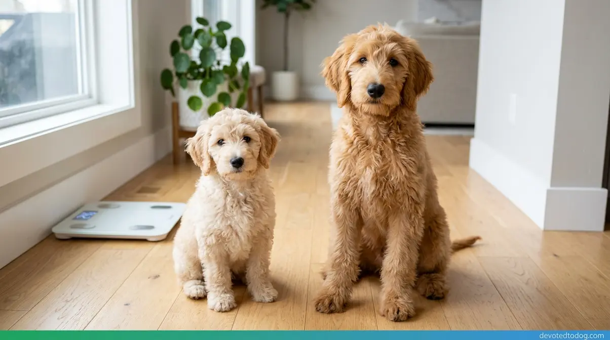 Mini and Standard Goldendoodle puppies side by side showing size difference at 5 months of age