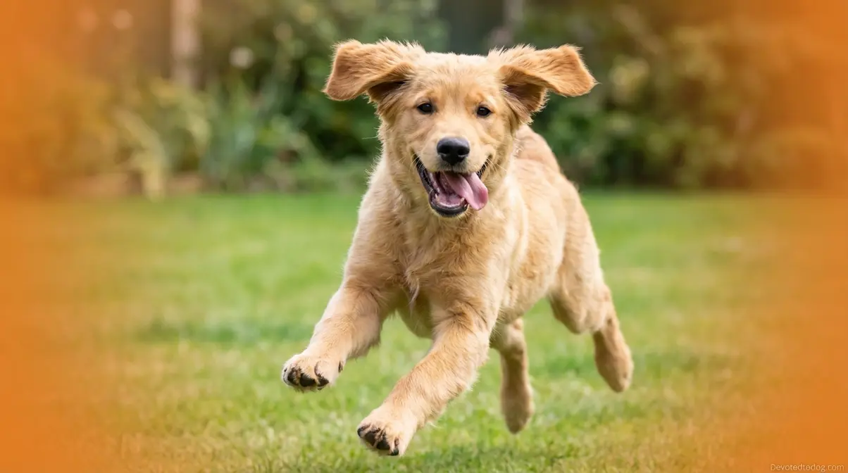 6 month old golden retriever mid-zoomie in backyard showing classic adolescent velociraptor phase energy