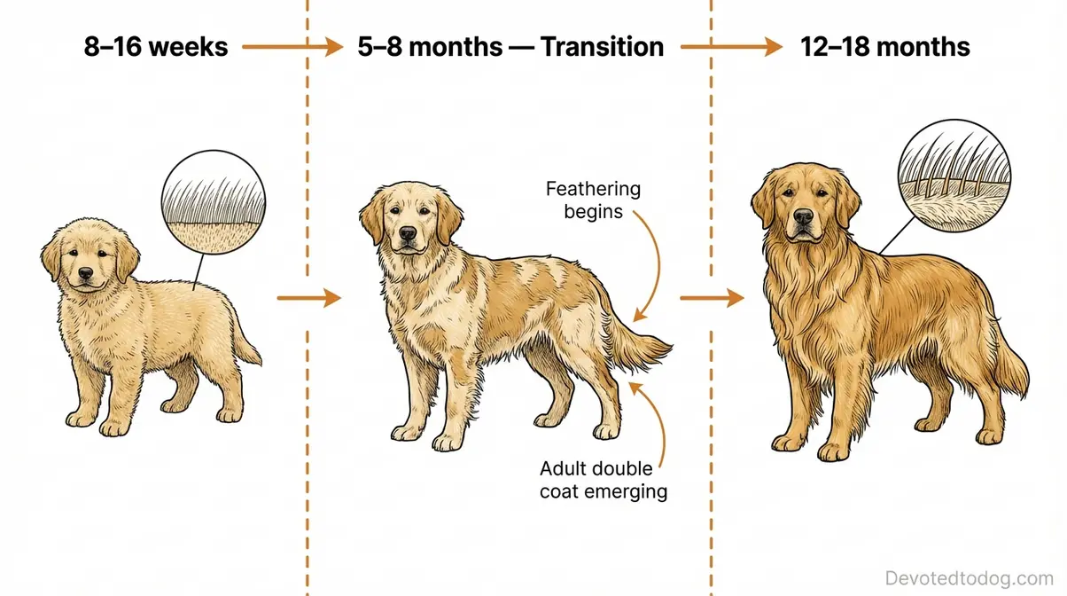 Diagram showing 6 month old golden retriever puppy coat transitioning from fluffy puppy fur to adult double coat feathering in three stages