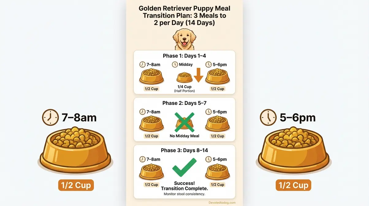 Visual feeding schedule infographic showing golden retriever puppy meal transition from 3 meals to 2 meals per day with cup measurements over 14 days