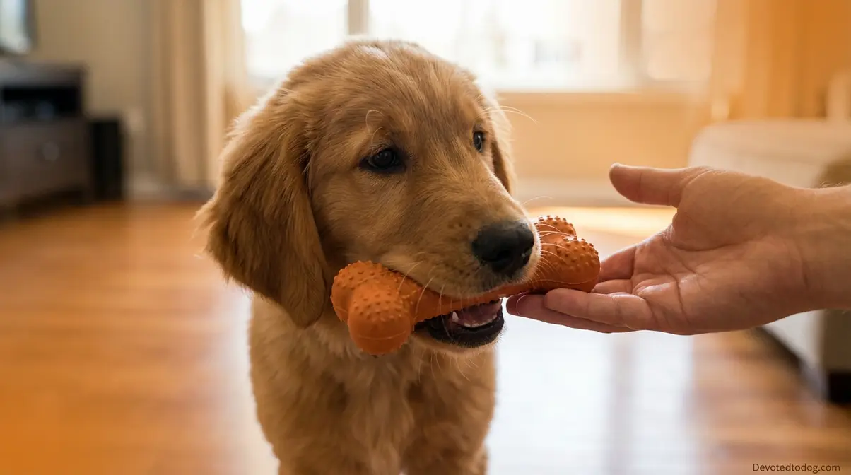 Golden Retriever puppy redirected from biting to chew toy using positive reinforcement training technique