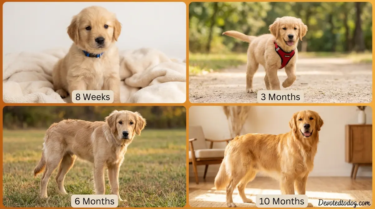 Golden Retriever growth stages collage showing puppy development from <a href=