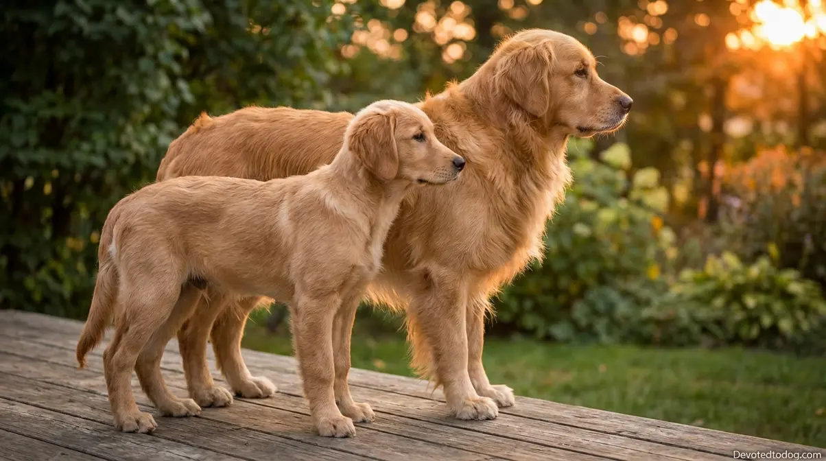 6 month old golden retriever standing next to adult golden retriever showing size and coat development difference