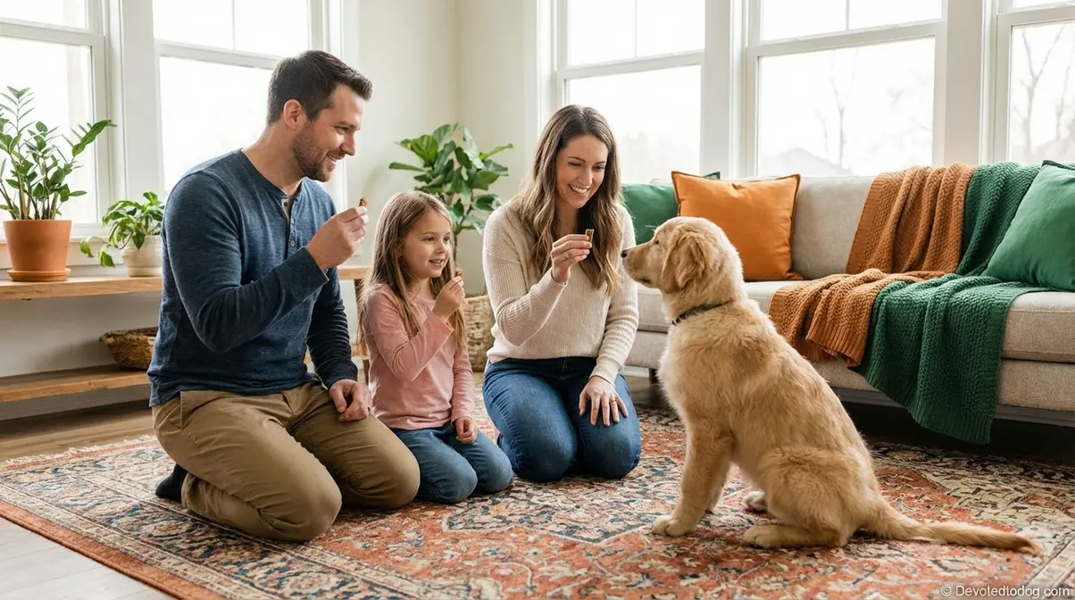 Family consistently using the same training commands with 6 month old golden retriever puppy in living room