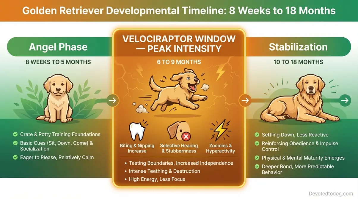 Golden Retriever developmental timeline infographic showing the Velociraptor Window phase from 6 to 18 months with behavioral milestones