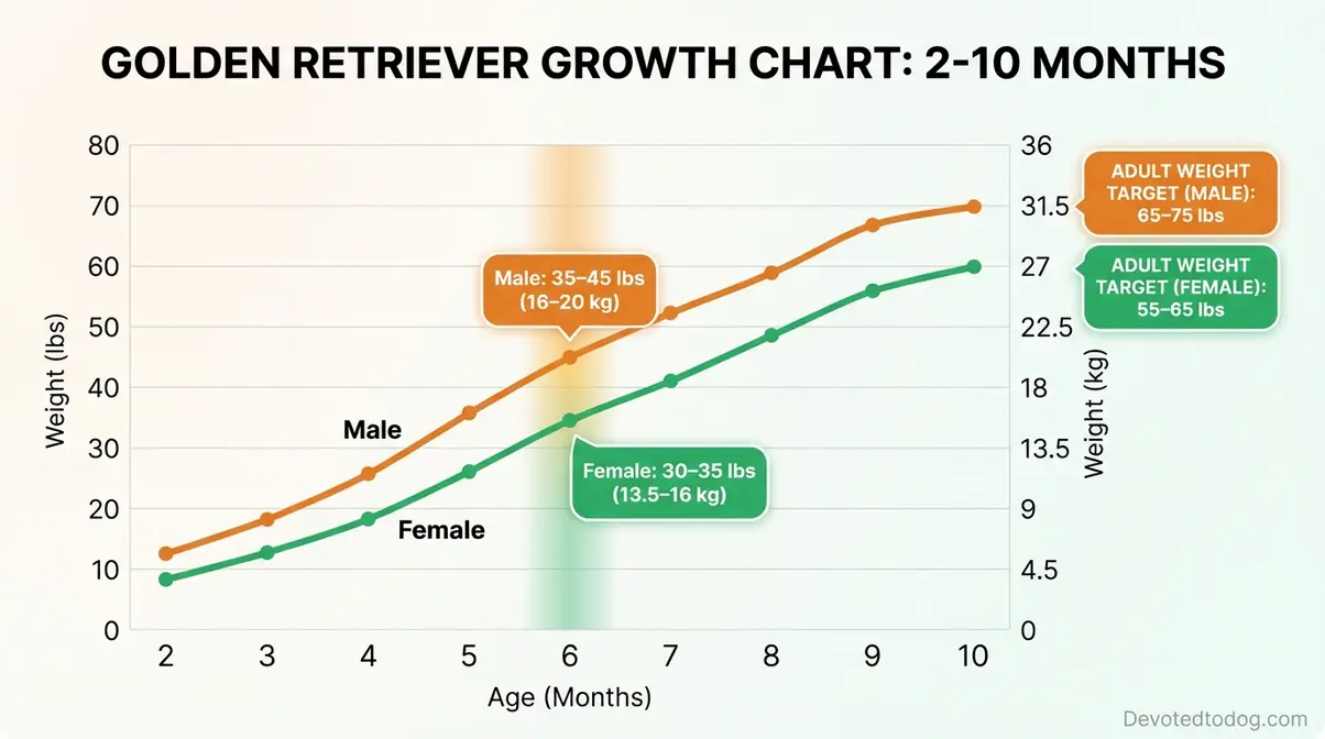 6 month old golden retriever weight chart comparing male 35 to 45 lbs and female 30 to 35 lbs growth progression from 2 to 10 months