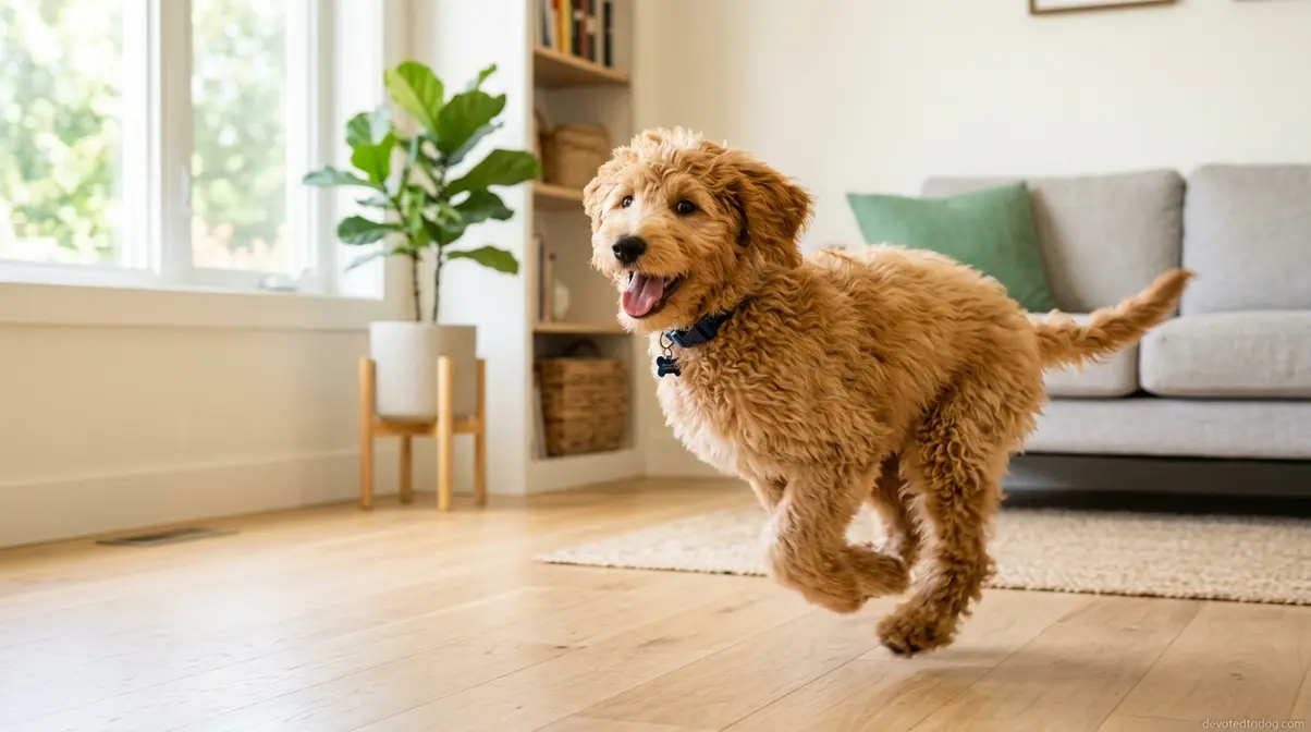 6 month old Goldendoodle puppy showing adolescent energy and zoomies behavior indoors