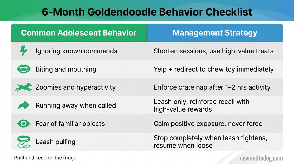 6 month old Goldendoodle behavior checklist showing common adolescent behaviors and management strategies