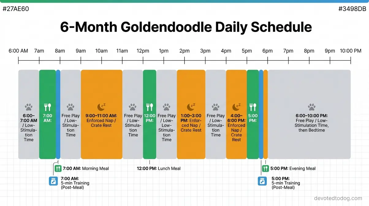 6 month old Goldendoodle daily schedule infographic showing feeding times, training blocks, and enforced nap windows