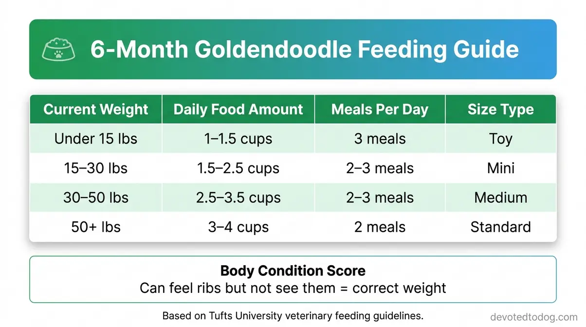 Feeding chart for 6 month old Goldendoodle showing daily food amounts by current weight