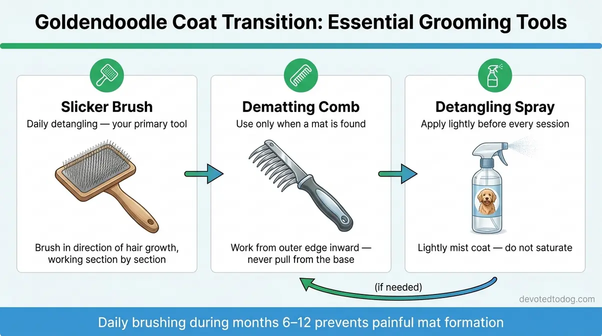 Grooming tools for Goldendoodle coat transition showing slicker brush, dematting comb, and detangling spray
