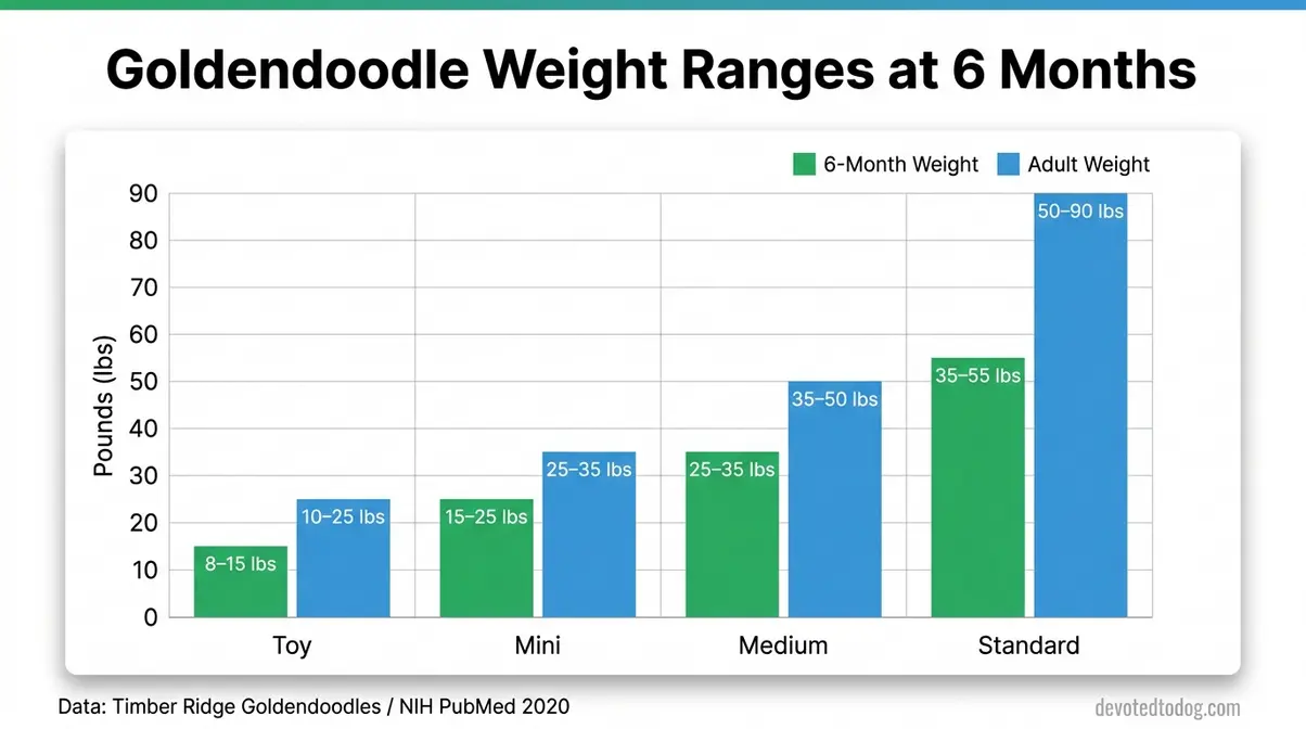 6 month old Goldendoodle weight chart showing Mini, Medium, and Standard Goldendoodle size ranges