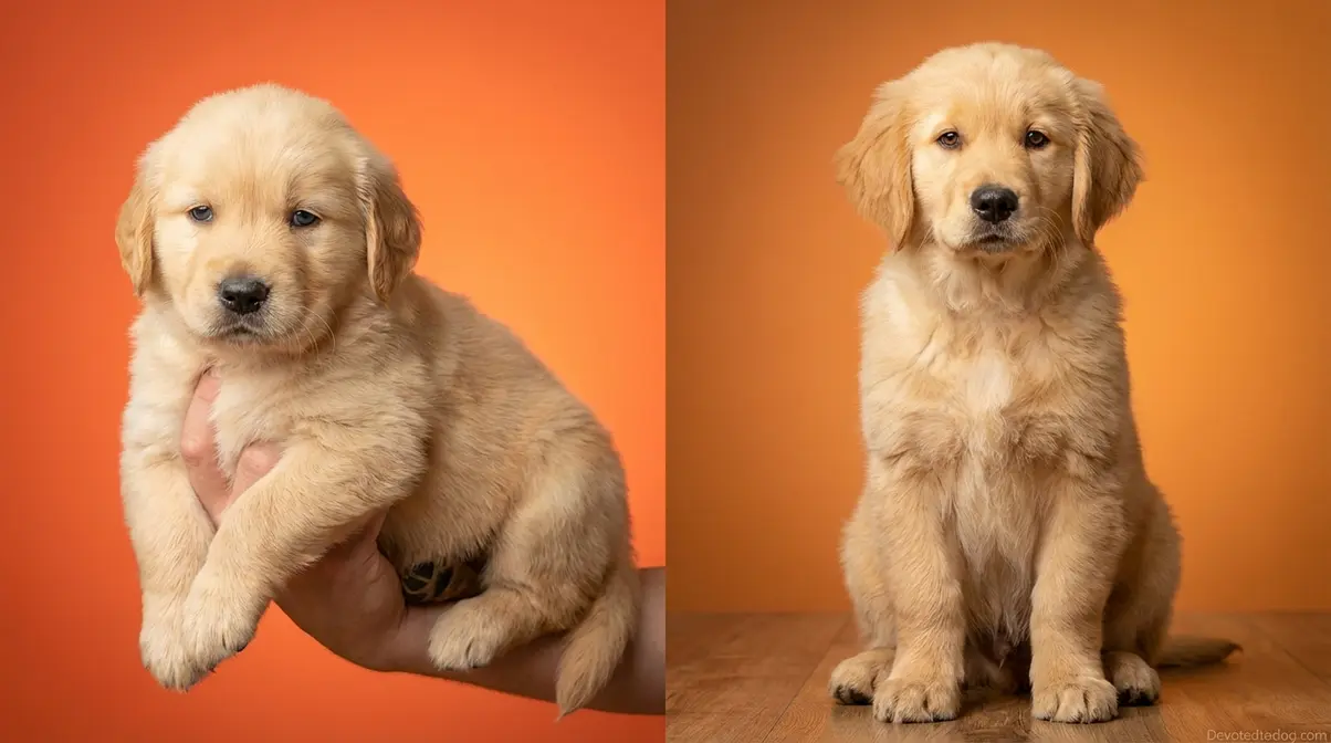 Side-by-side comparison of a 6 week old and 8 week old Golden Retriever puppy showing physical growth differences
