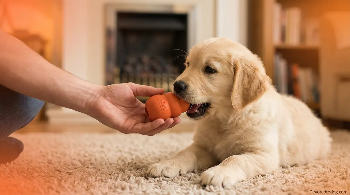 Golden Retriever puppy redirected to chew a rubber Kong toy instead of human hand during bite inhibition training