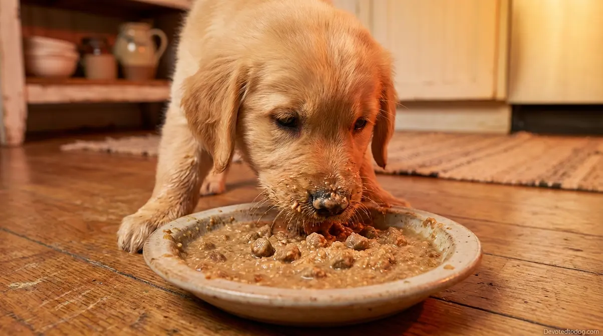 6 week old Golden Retriever puppy eating moistened kibble gruel from a shallow bowl during weaning transition