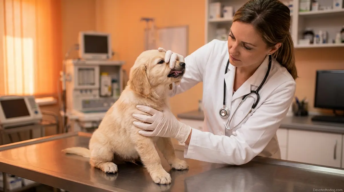 Veterinarian examining a 6 week old Golden Retriever puppy checking gum color for health red flags
