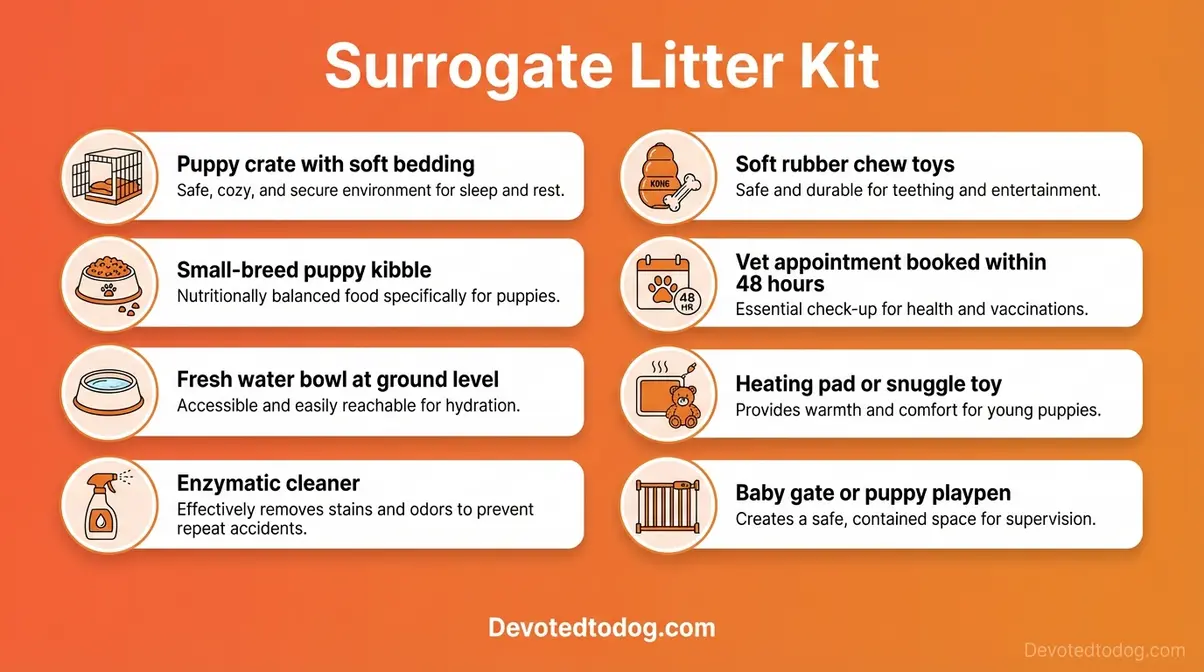 Illustrated checklist of eight essential supplies for caring for a 6 week old Golden Retriever puppy at home