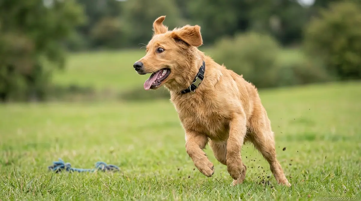 Energetic 7 month old golden retriever demonstrating adolescent behavior and impulsivity
