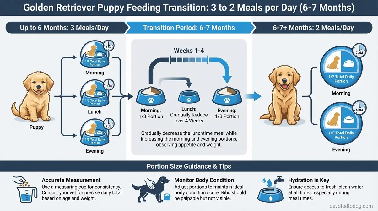 Diagram showing golden retriever puppy feeding schedule transition from 3 meals per day to 2 meals per day at 6-7 months with portion size guidance