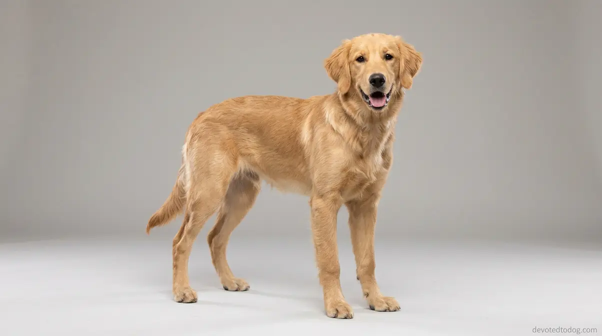 7 month old golden retriever standing to show physical size and leg length
