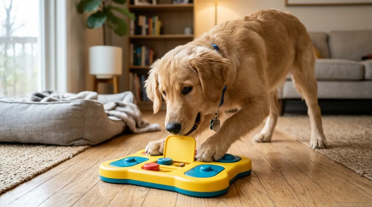 7 month old golden retriever using a puzzle toy for mental stimulation