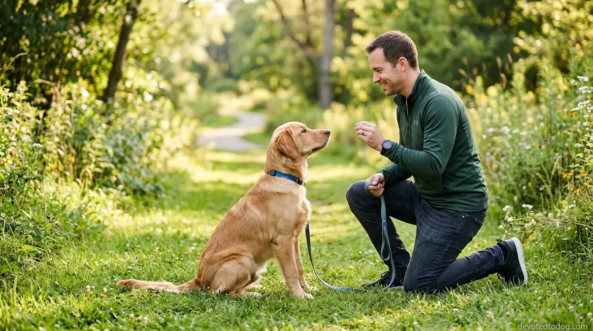 Owner training a 7 month old golden retriever during the teenage behavioral phase
