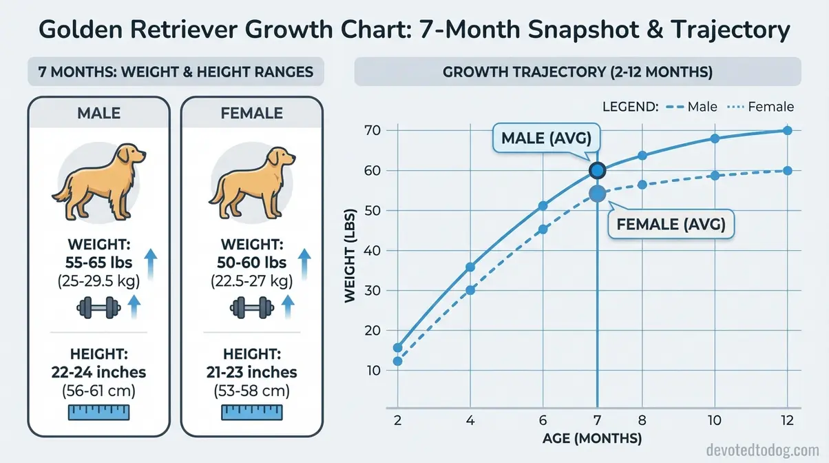 Infographic showing weight and height ranges for male and female golden retrievers at 7 months with growth trajectory line