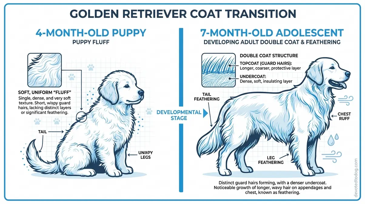 Side-by-side diagram showing puppy fluff coat at 4 months versus developing adult coat at 7 months on a golden retriever