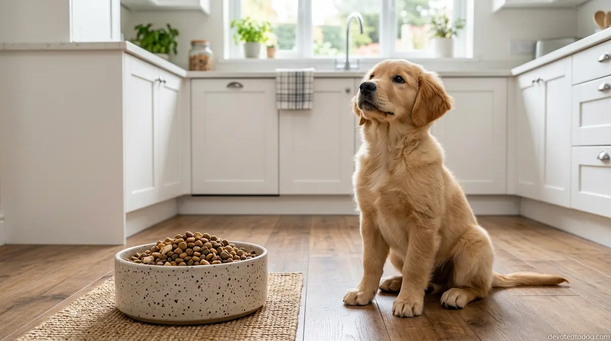 Golden Retriever puppy waiting patiently next to a bowl of dry dog food