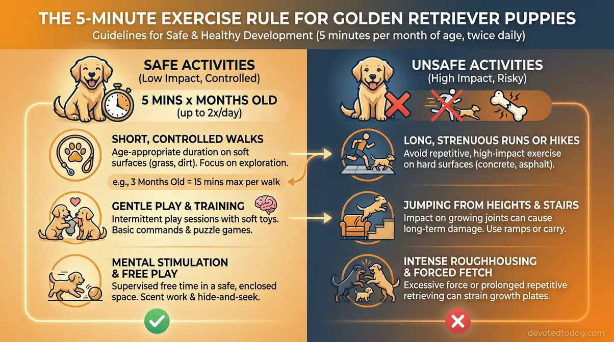 Infographic showing the 5-minute exercise rule for 8 month old golden retriever puppies with safe and unsafe activity examples