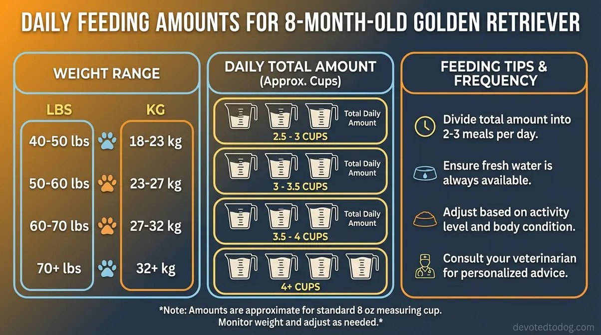 Visual feeding chart showing daily cup measurements for 8 month old golden retriever by weight in pounds and kilograms
