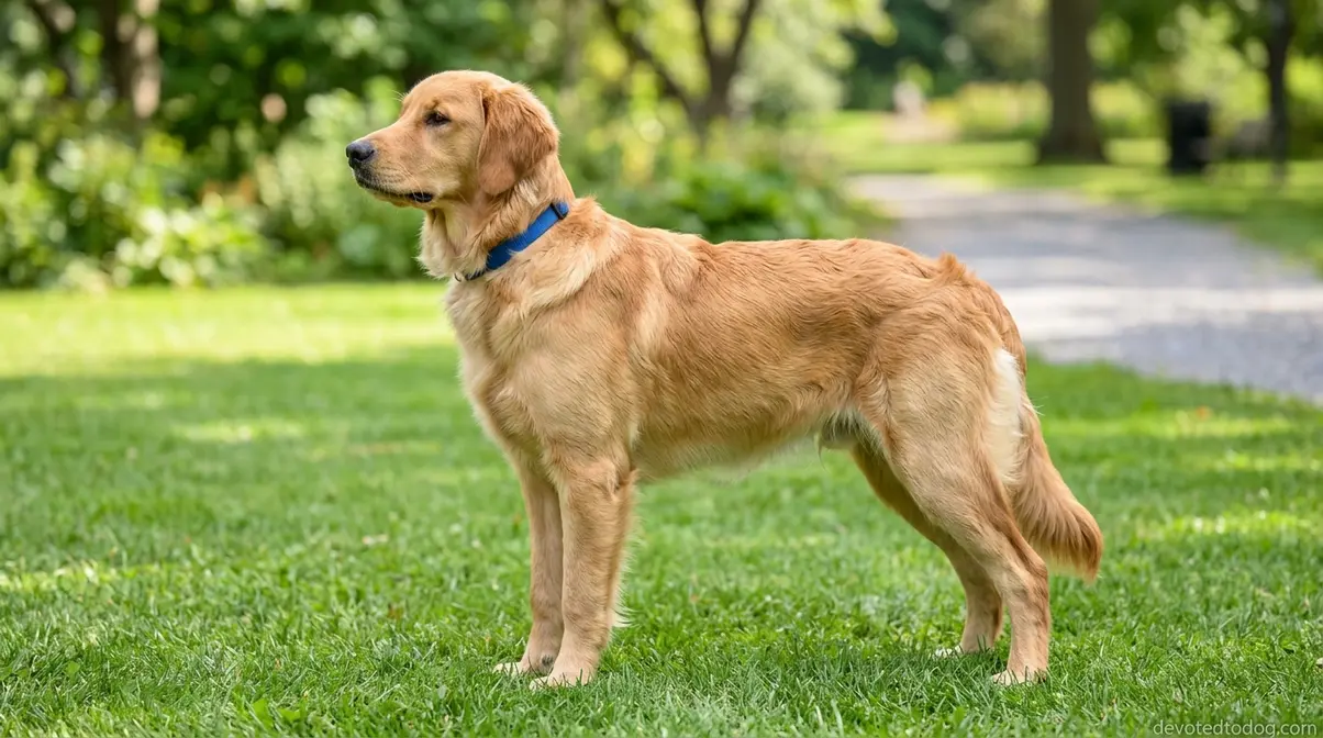 Healthy 8 month old Golden Retriever standing outdoors showing physical size and proportions
