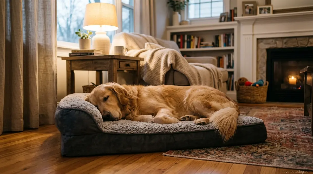 Golden Retriever resting peacefully on a comfortable plush dog bed