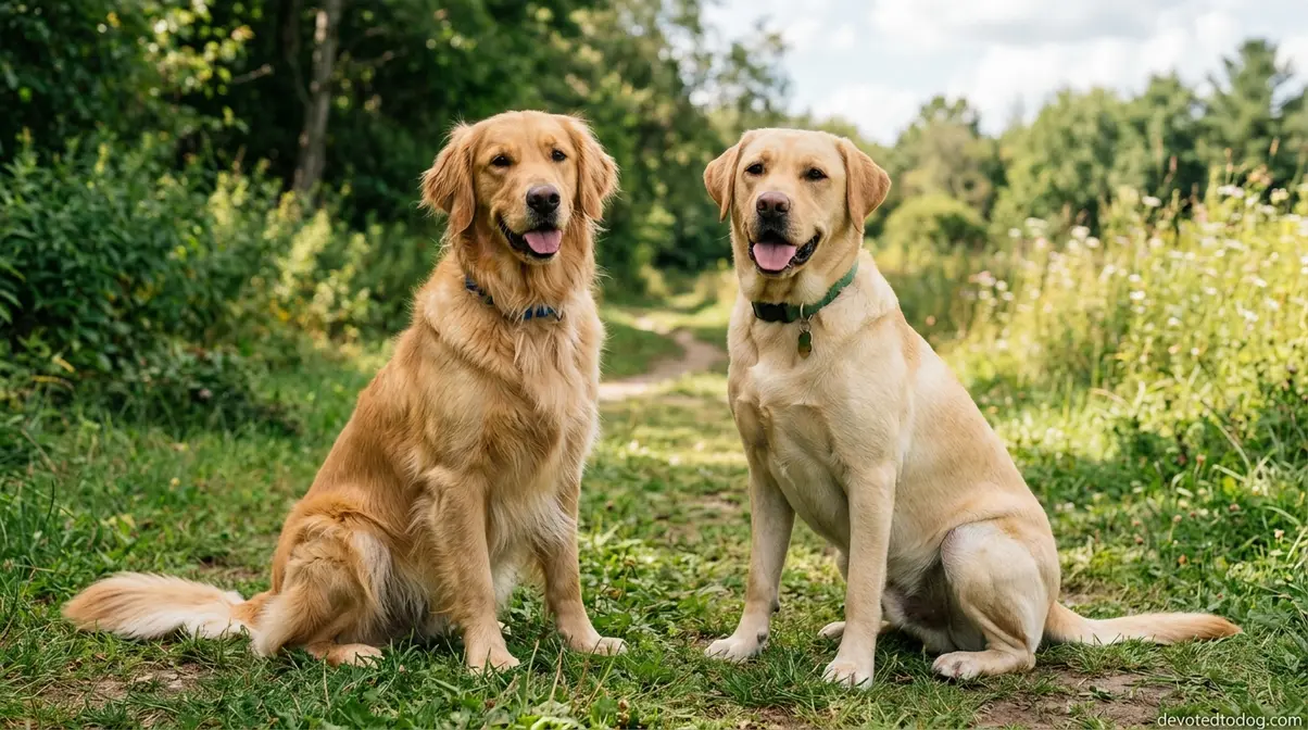 Golden Retriever sitting next to a Labrador Retriever outdoors